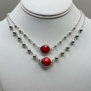 Elegant Silver and Red Beaded Layered Statement Necklace